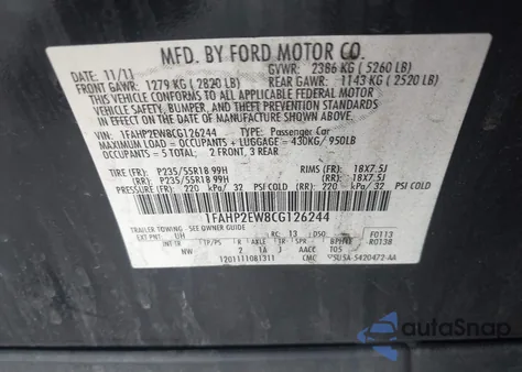 2012 Ford Taurus Sel из США, поврежденный, VIN 1FAHP2EW8CG126244